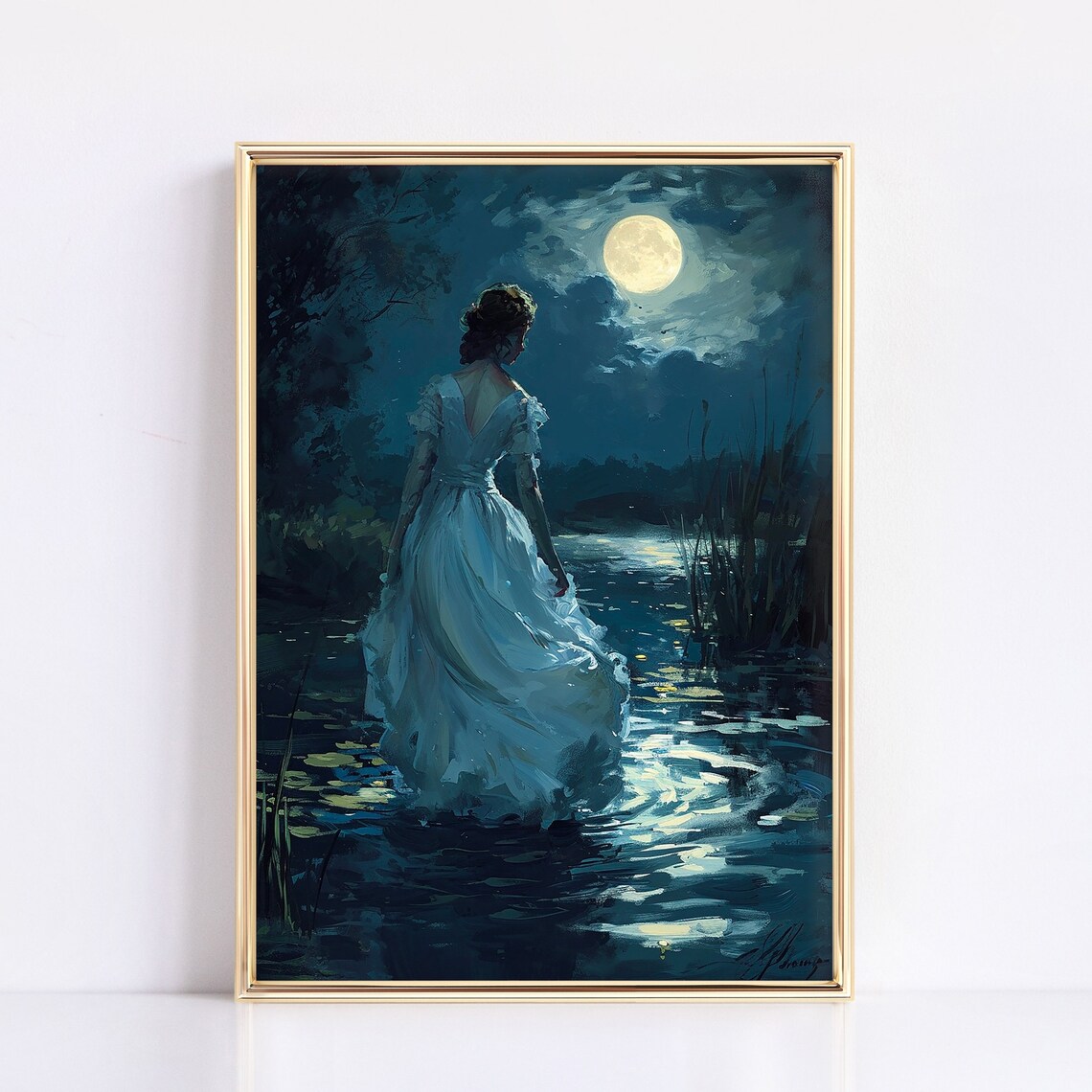 Woman In White Dress Walking Into Moonlit Water Night Art Poster - Image 3