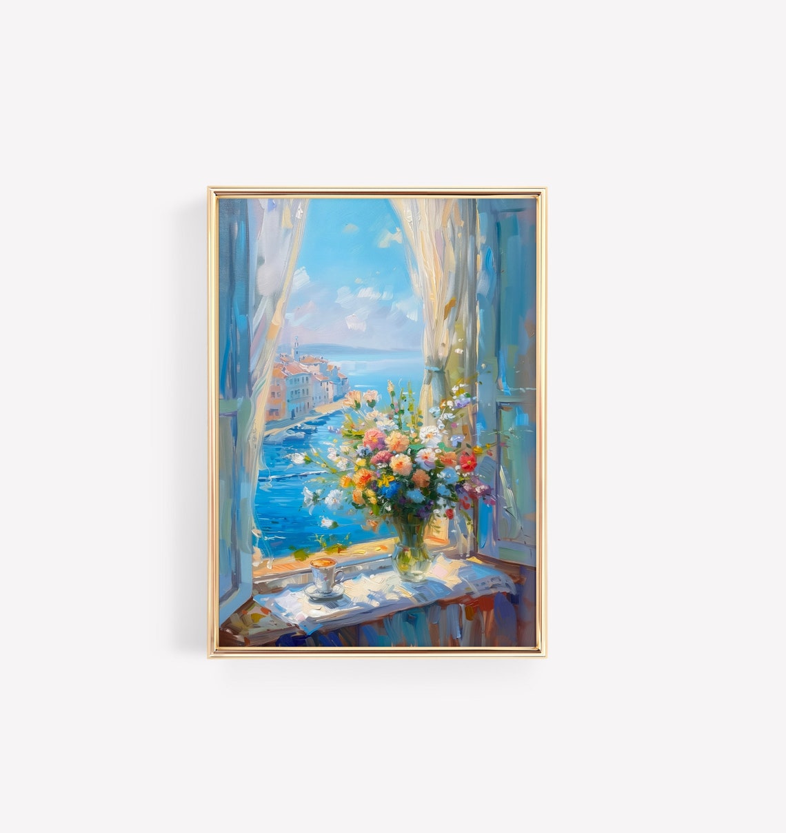 Wildflowers Vase Windowsill Overlooking Coastal Harbor Town Poster - Image 2