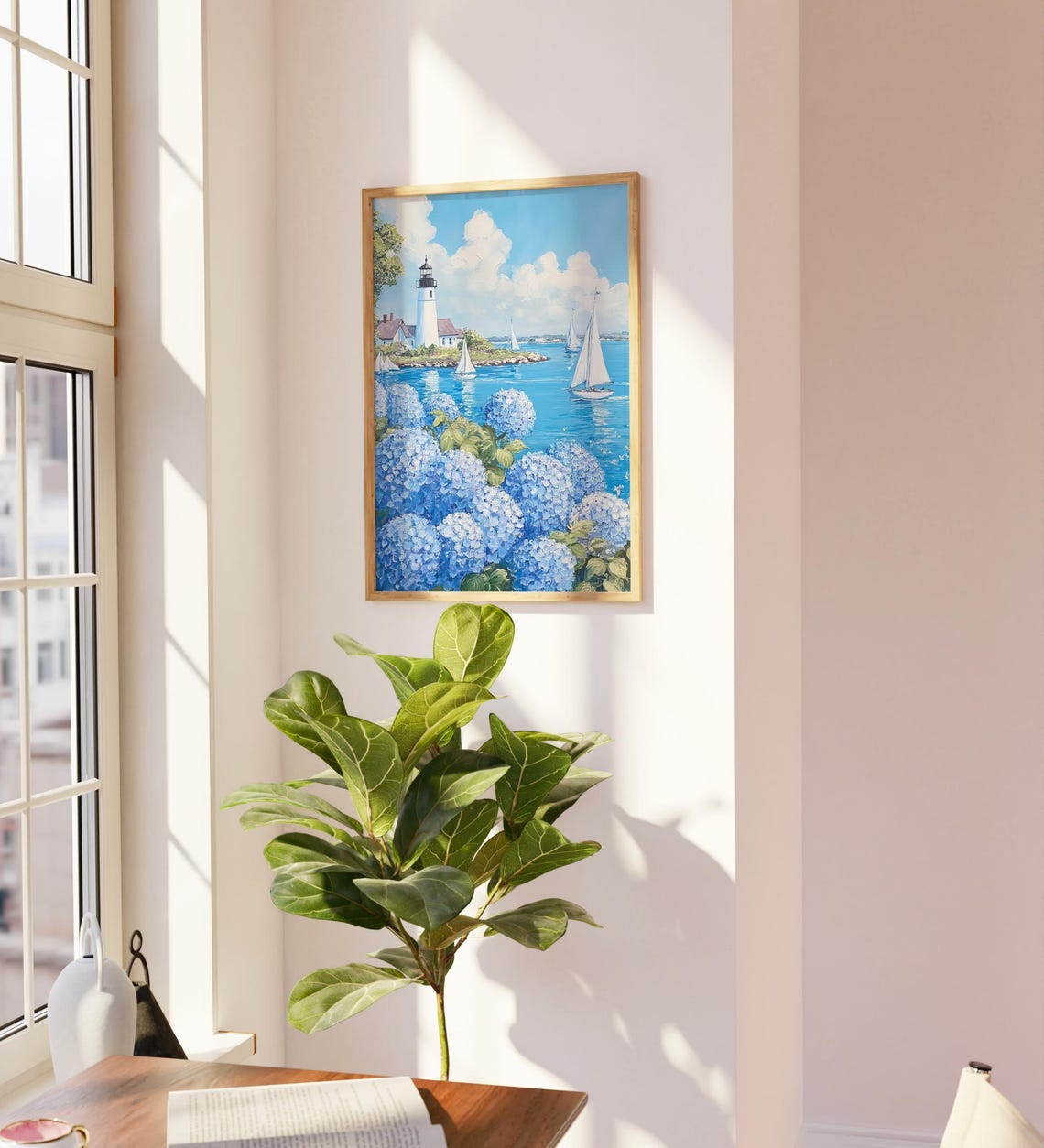 Lighthouse Sailboats Blue Hydrangeas Nantucket Coastal Poster - Image 3