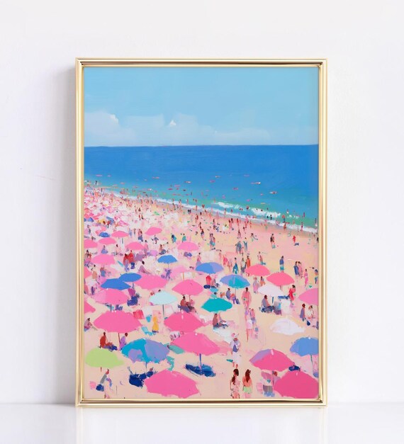 Pink Beach Umbrellas Crowded Beach Ocean Painting Coastal Art Print