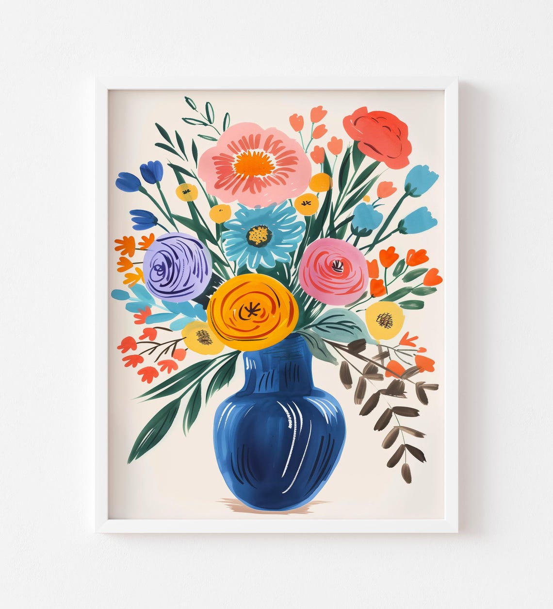 Flower Market Bouquet in Blue Vase Retro Botanical Illustration Poster - Image 3