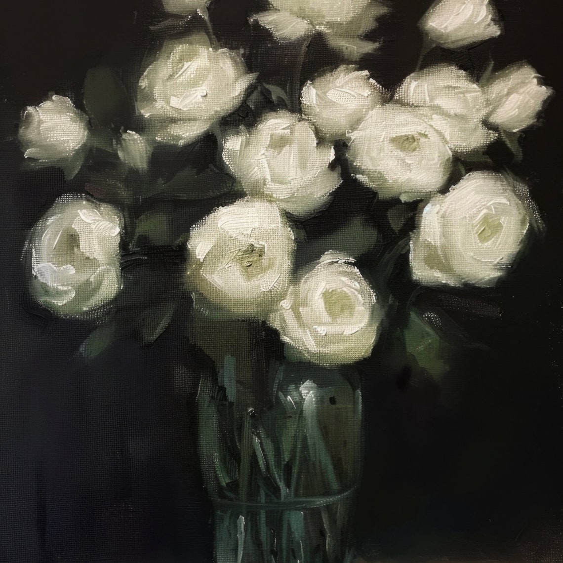 White Roses in Glass Vase Dark Background Oil Painting Poster - Image 2