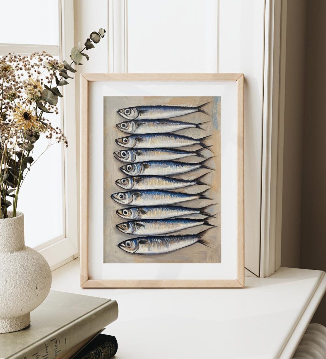 Neat Row Of Silver Sardines On Warm Beige Vintage Fish Poster - Image 3