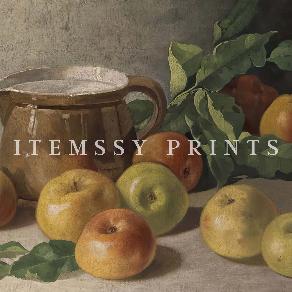 Vintage Apples and Ceramic Pitcher Still Life Painting Print - Image 2