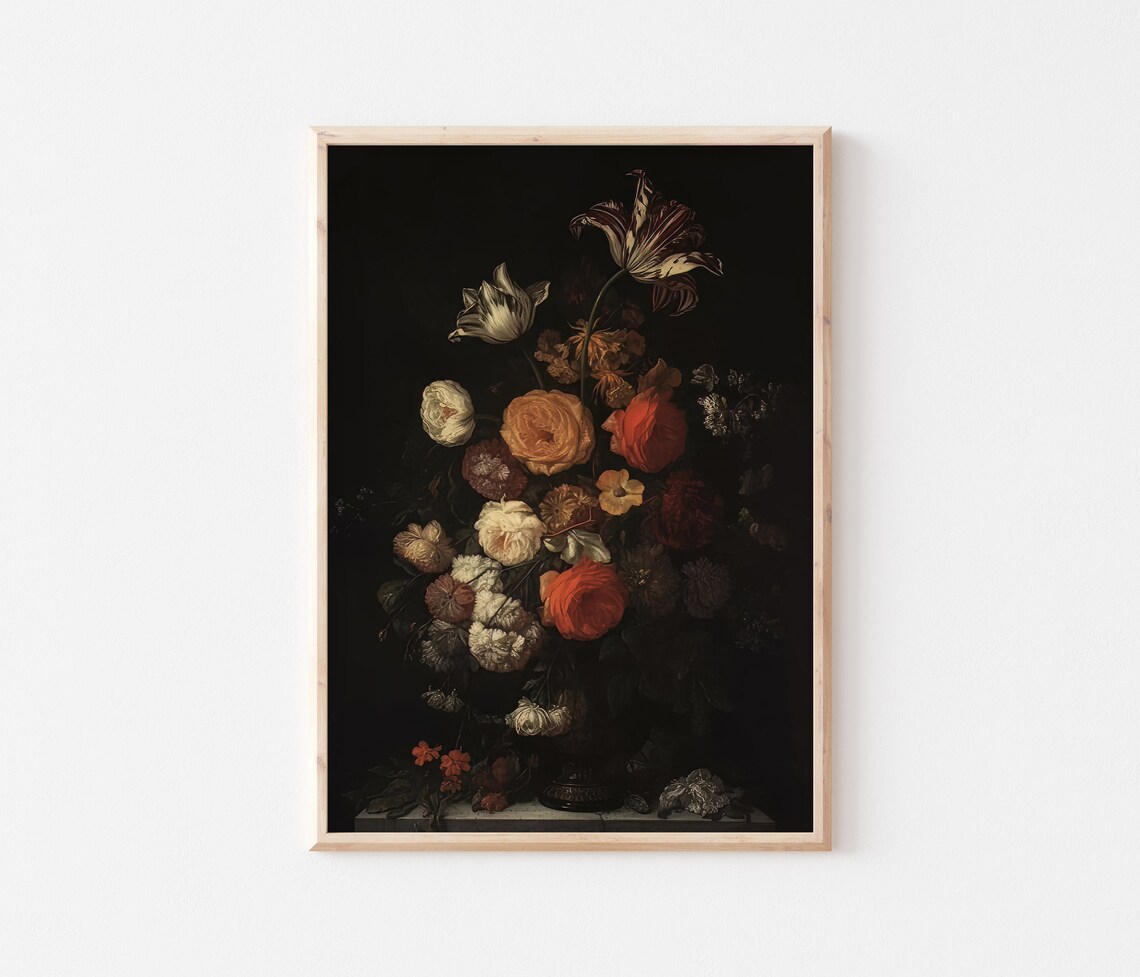Dark Floral Still Life Orange Red And White Roses On Black Poster - Image 3