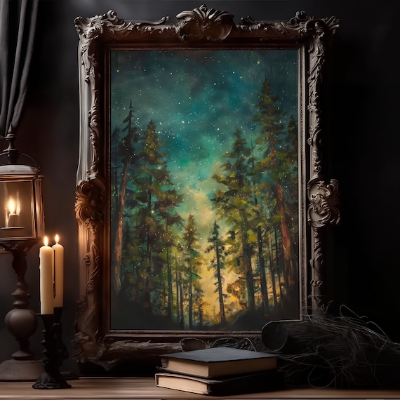 Moody Woods Art Print Starry Night Forest Artwork With Pine Trees Nature Atmospheric Wall Art Painting Dreamy Woodland Under The Stars