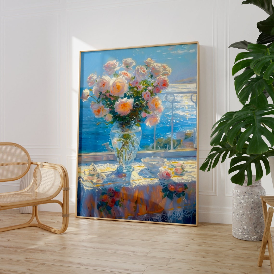 Pink Roses Glass Vase Seaside Window Sunlit Lace Tablecloth Poster - Image 3