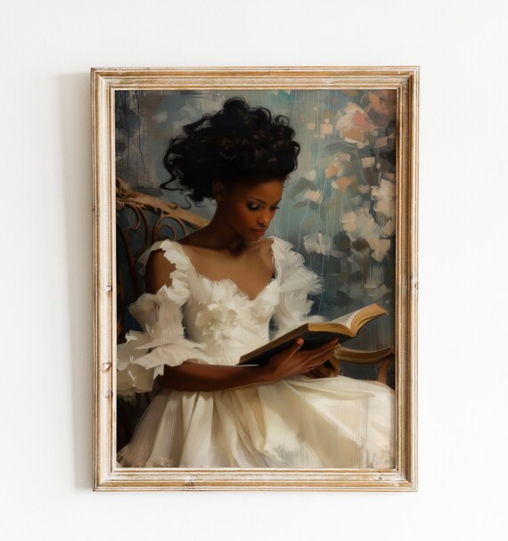 Elegant Black Woman Reading Book Vintage Style Oil Painting Portrait Poster