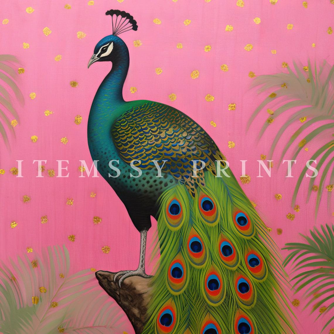 Retro Peacock On Branch Pink And Gold Tropical Palm Leaves Art Poster - Image 2