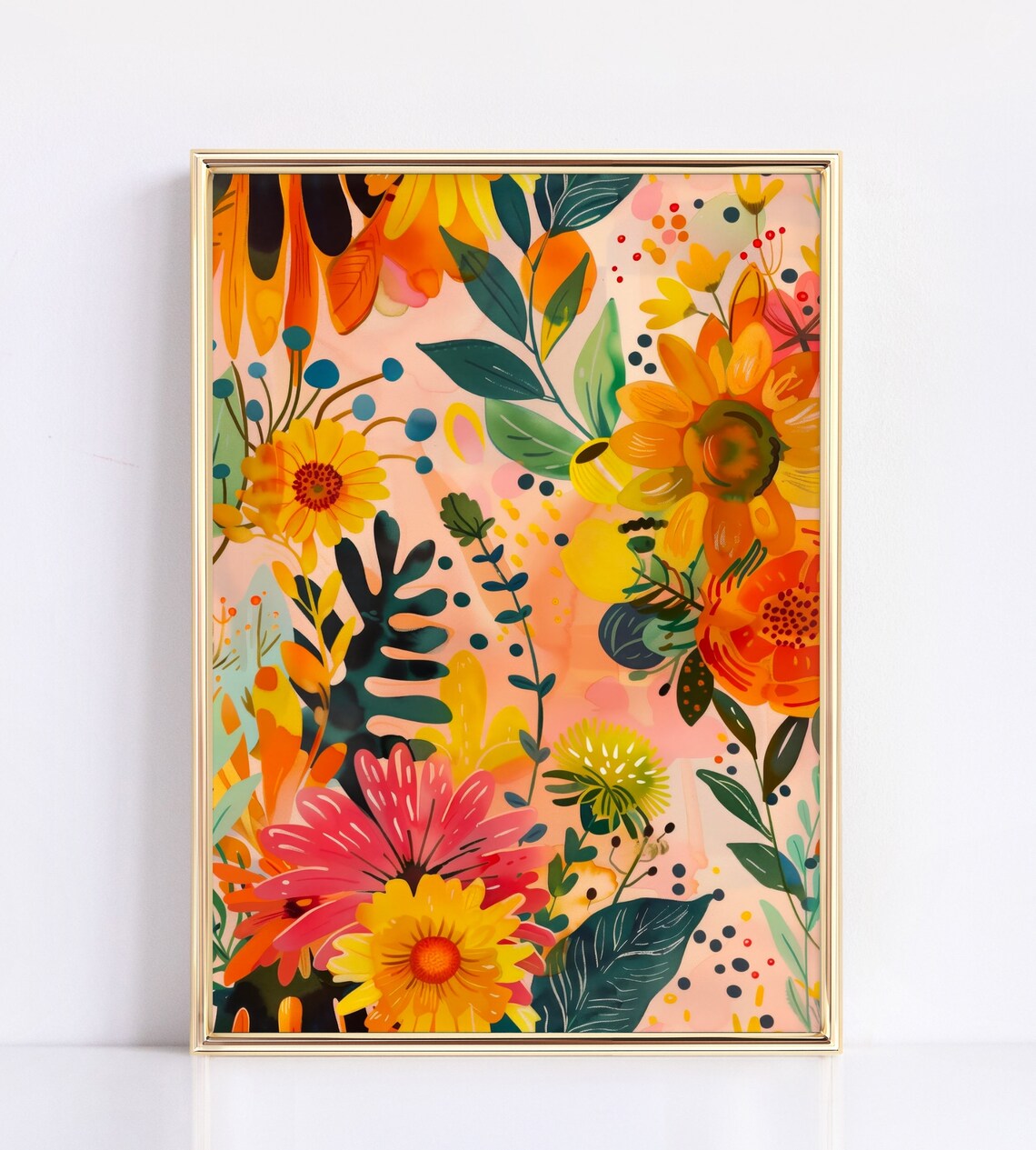 Warm Abstract Floral Garden Sunflowers Daisies Gouache Style Art Print