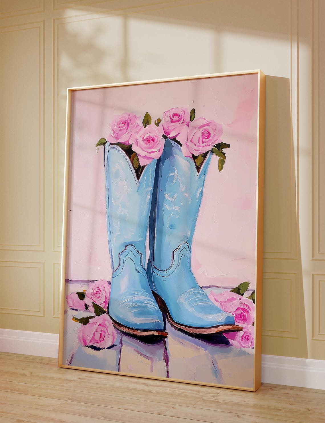 Coastal Cowgirl Boots Art Vintage Floral Western Nursery Print In Warm Pastel Pink Blue Country Aesthetic Dorm Room Poster - Image 2
