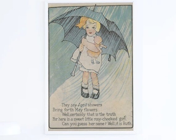 April Showers May Flowers Ruth Umbrella Vintage Nursery Rhyme Poster