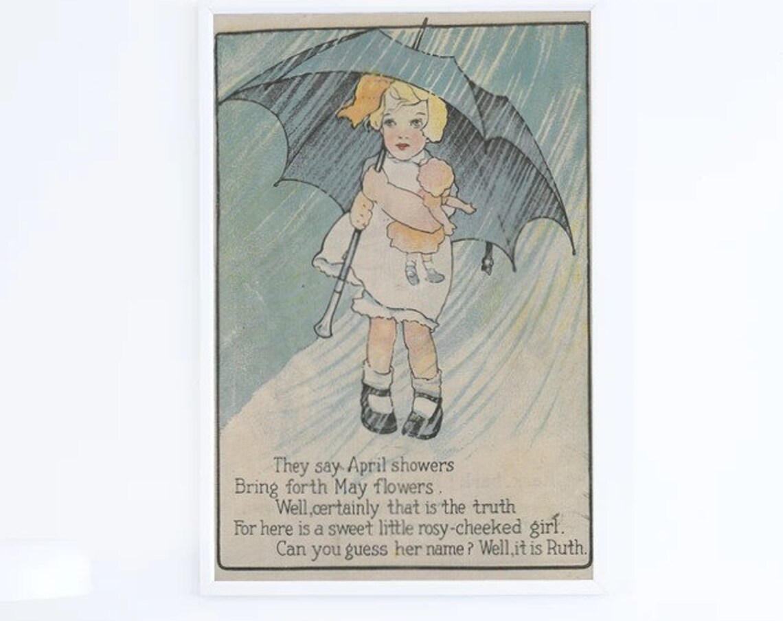 April Showers May Flowers Ruth Umbrella Vintage Nursery Rhyme Poster