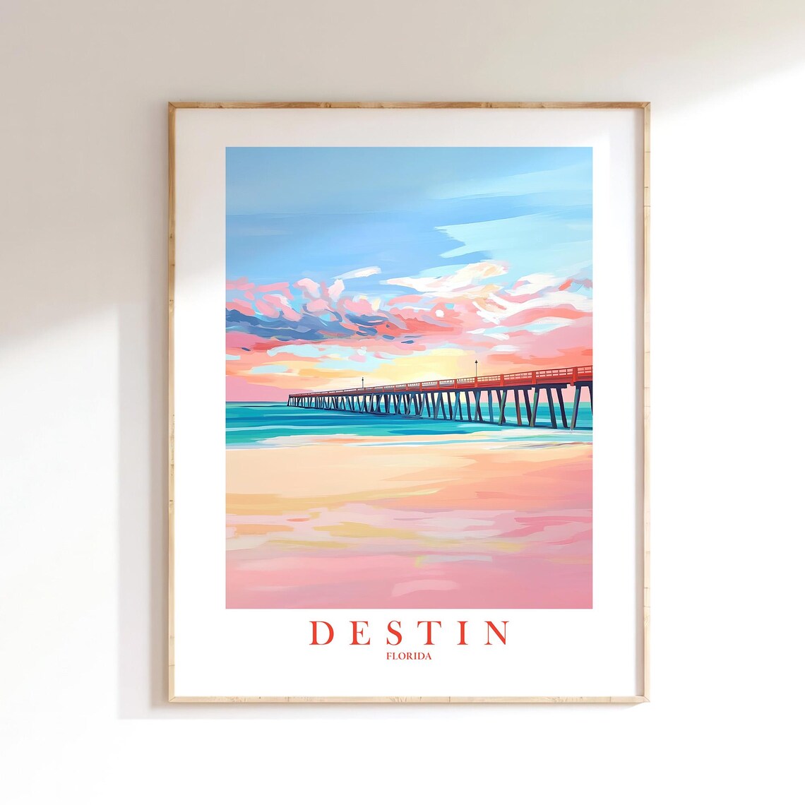 Destin Florida Retro Travel Poster, Dock Pier Landscape