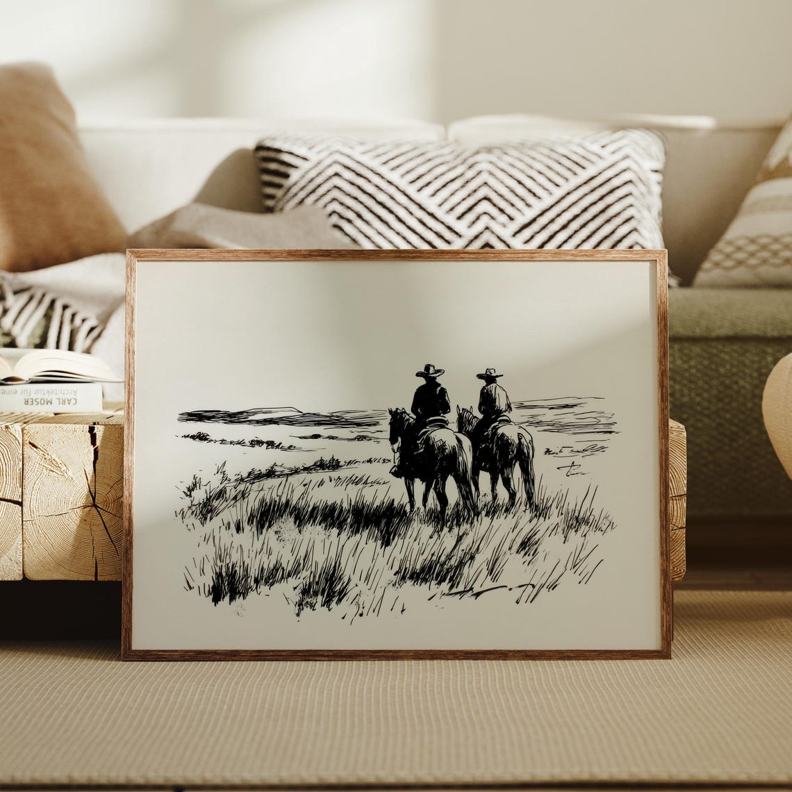 Two Cowboys Riding Horses Across Open Prairie Black Ink Sketch Poster