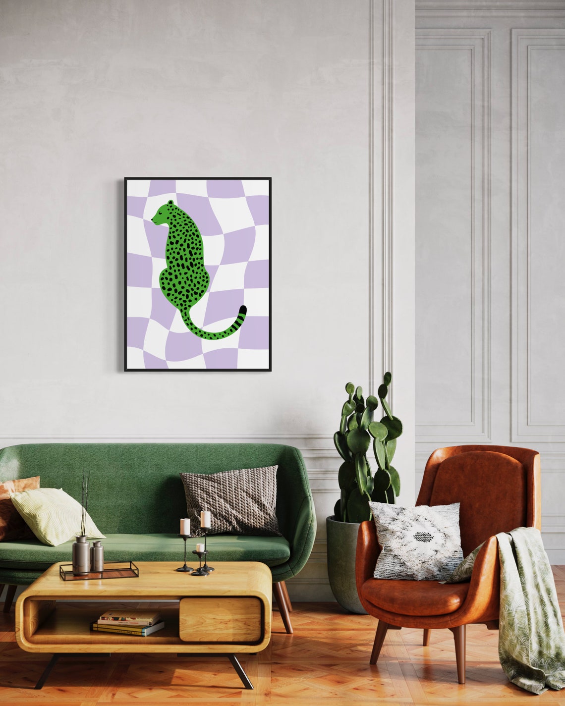Green Leopard Sitting Lilac Checkered Background Preppy Animal Poster - Image 2