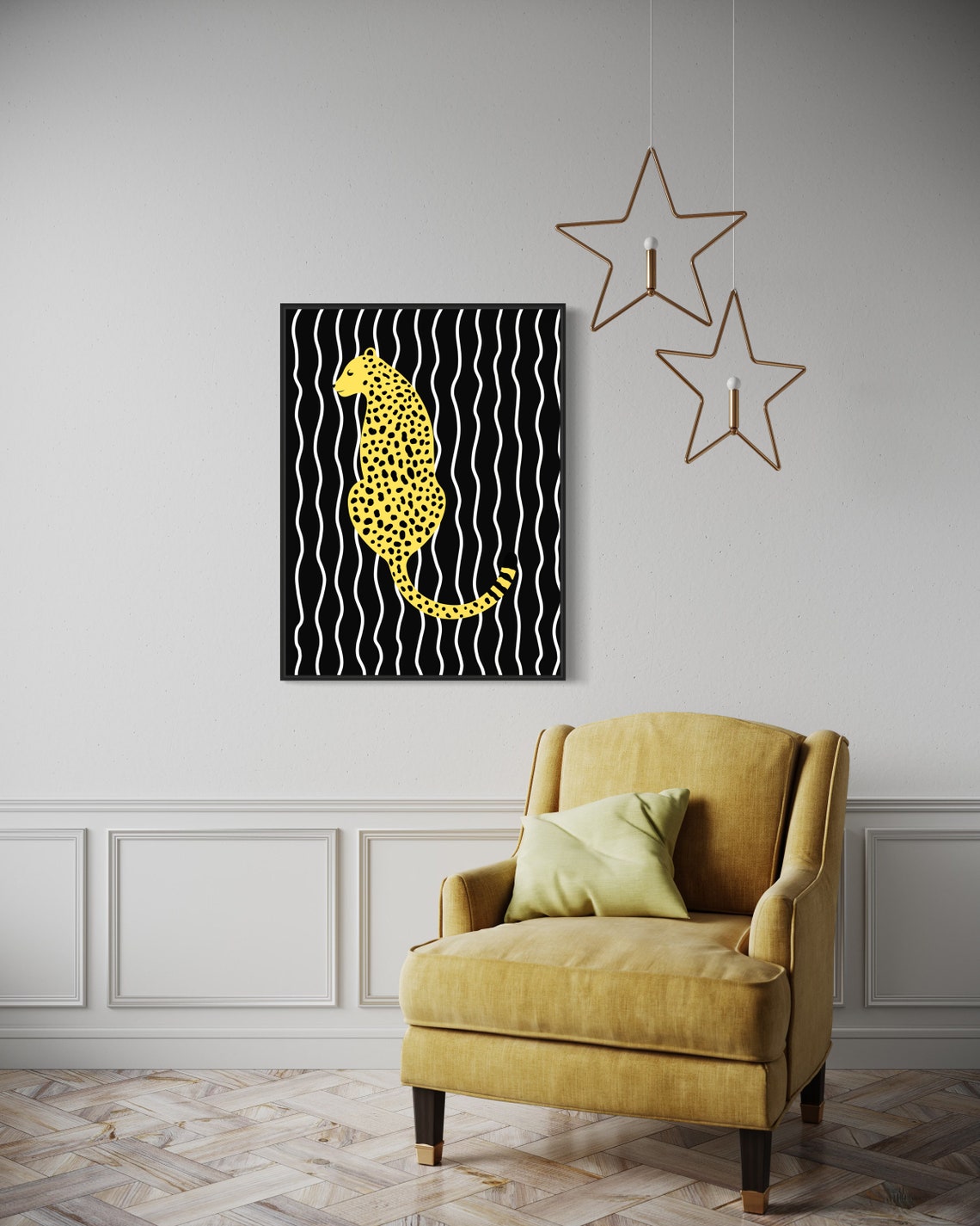 Yellow Leopard Sitting Black Striped Background Preppy Animal Poster - Image 4