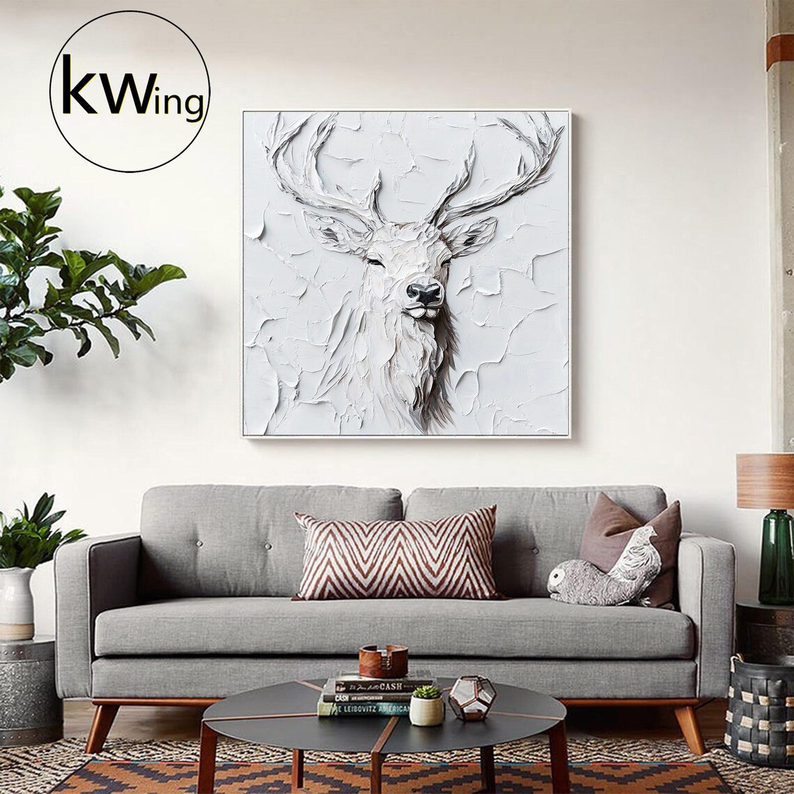 White Elk Deer Head Antlers 3D Textured Sculptural Animal Wall Art Poster - Image 3