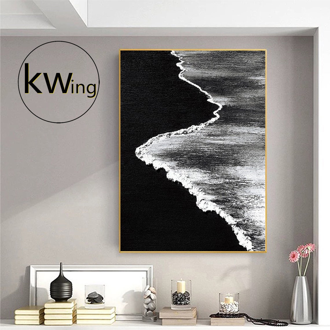 Black Sand Beach Aerial Foam Waves Minimalist Textured Art Poster - Image 2