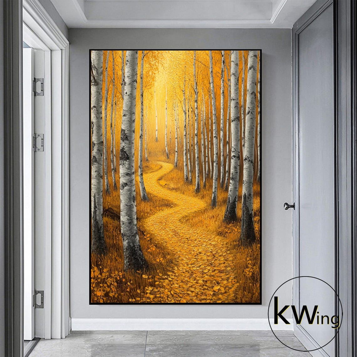 Golden Autumn Birch Forest Path Painting Textured Fall Wall Art Poster - Image 3