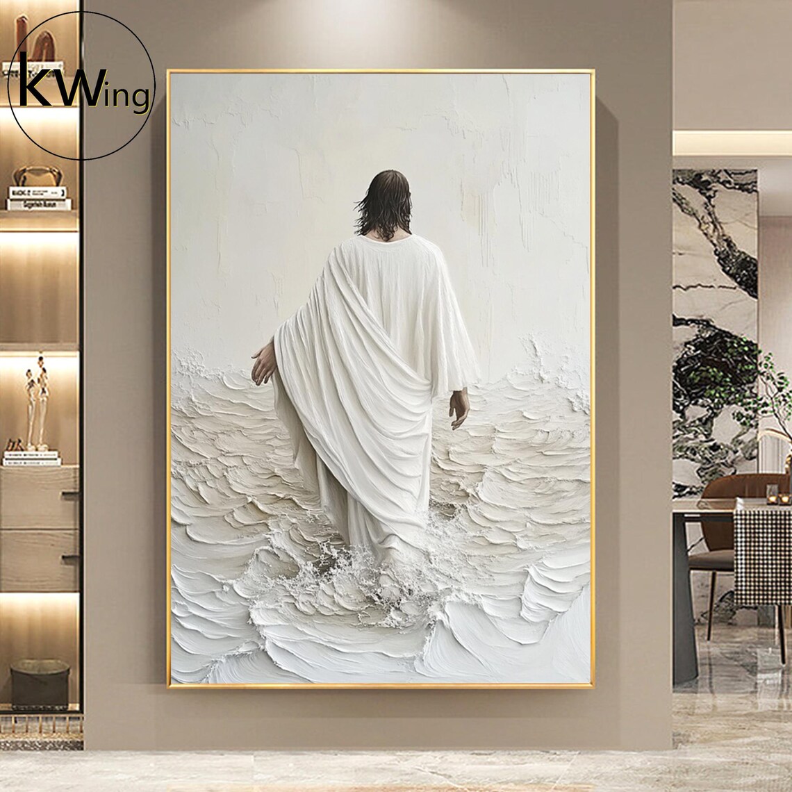 Jesus Walking on White Waves Textured Impasto Faith Wall Art Poster - Image 4