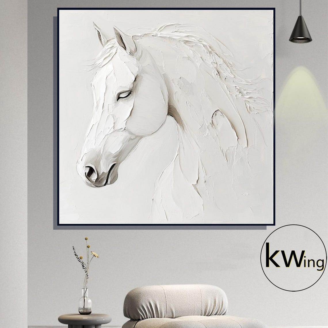 Large White Horse Oil Painting Hand Painted Animal Oil Painting White Textured Painting Horse Wall Art Portrait Art Office Wall Decor - Image 2