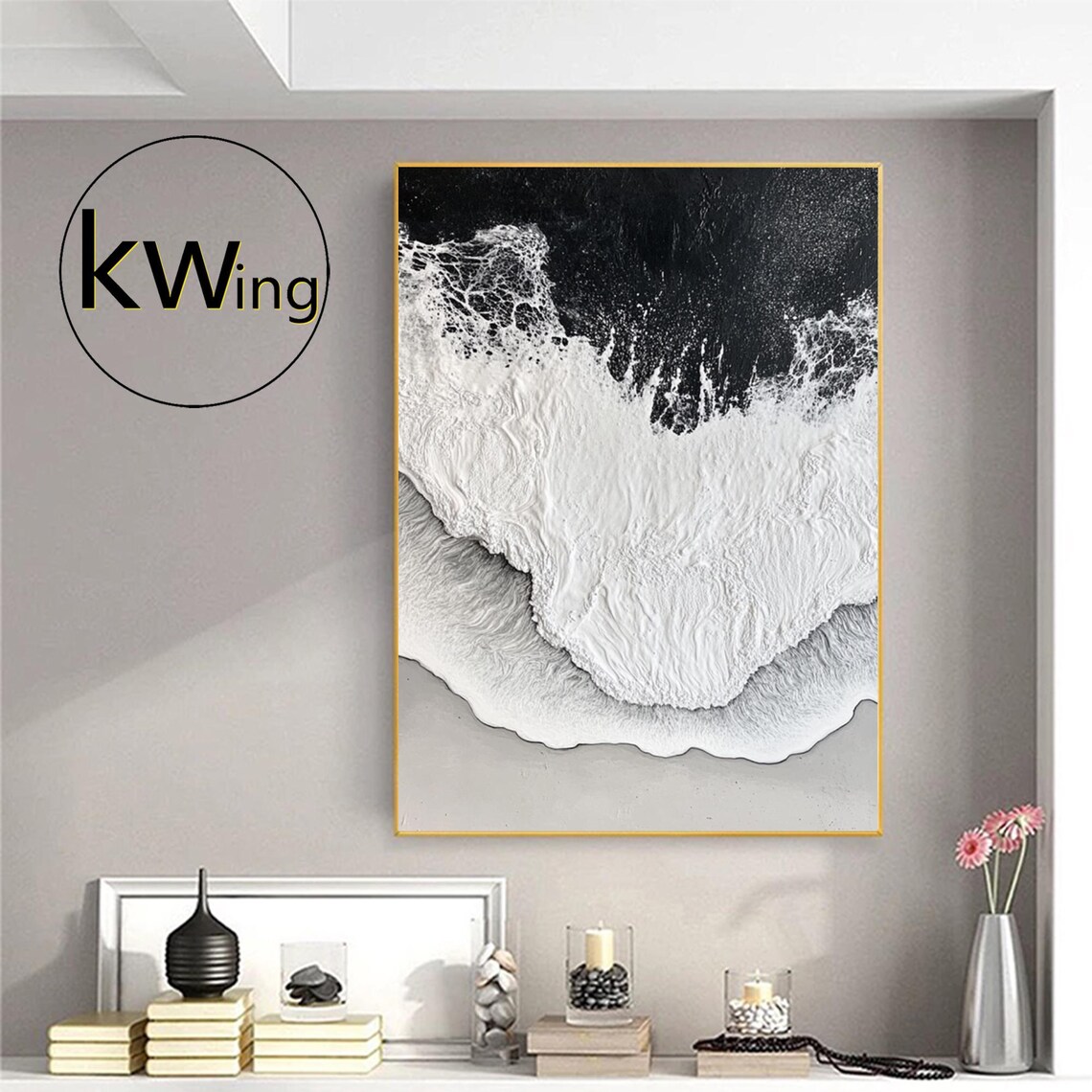 Large Abstract Textured Beach Oil Painting Black White Wall Painting Minimalist Seascape Wall Art Modern Wabi Sabi Art Fashion Room Decor - Image 2