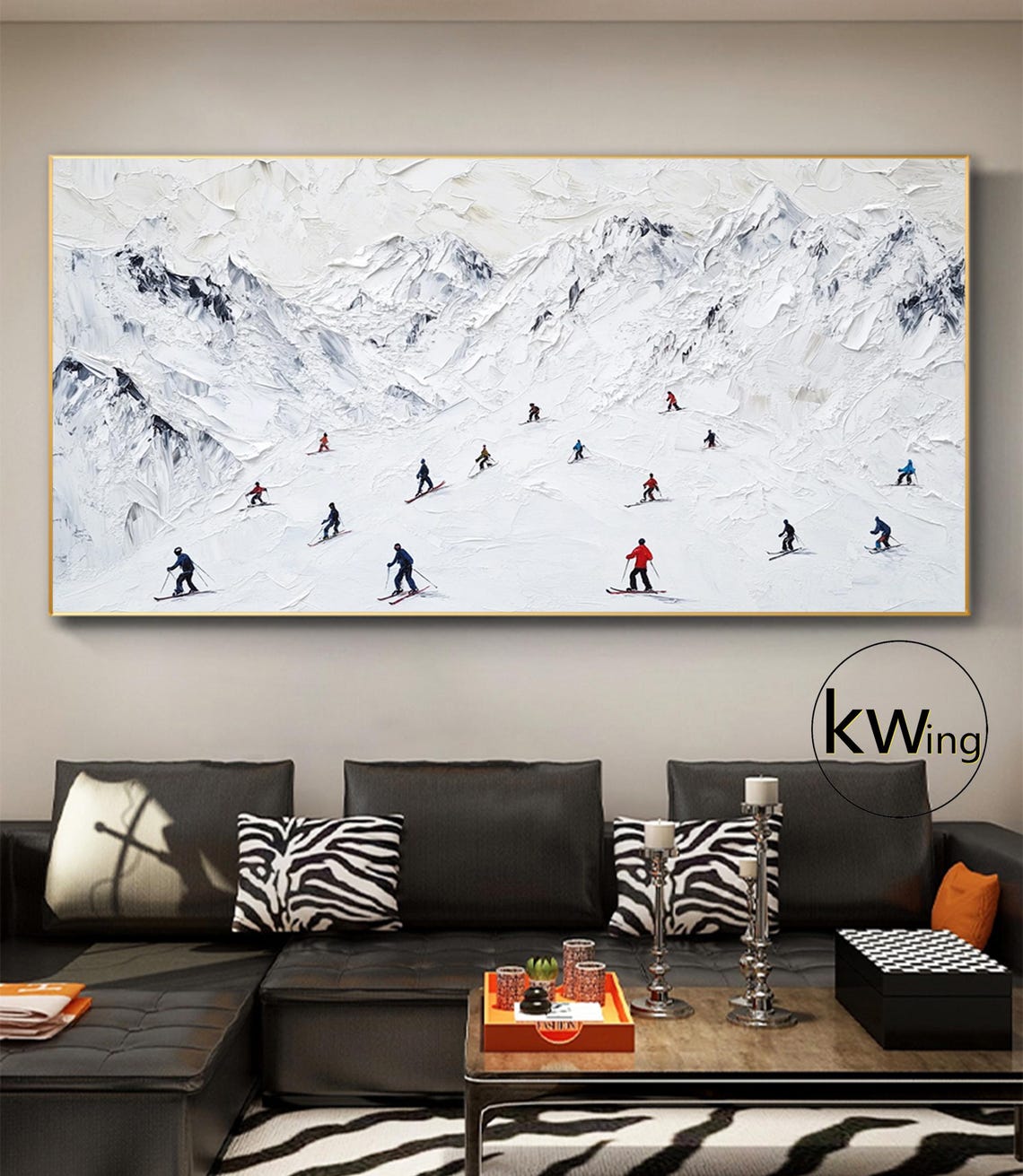 Original Ski Sport Painting On Winter Snowy Landscape Wall Art Modern Minimalist Painting White Skiers Art Living Room Wall Art Decor - Image 5