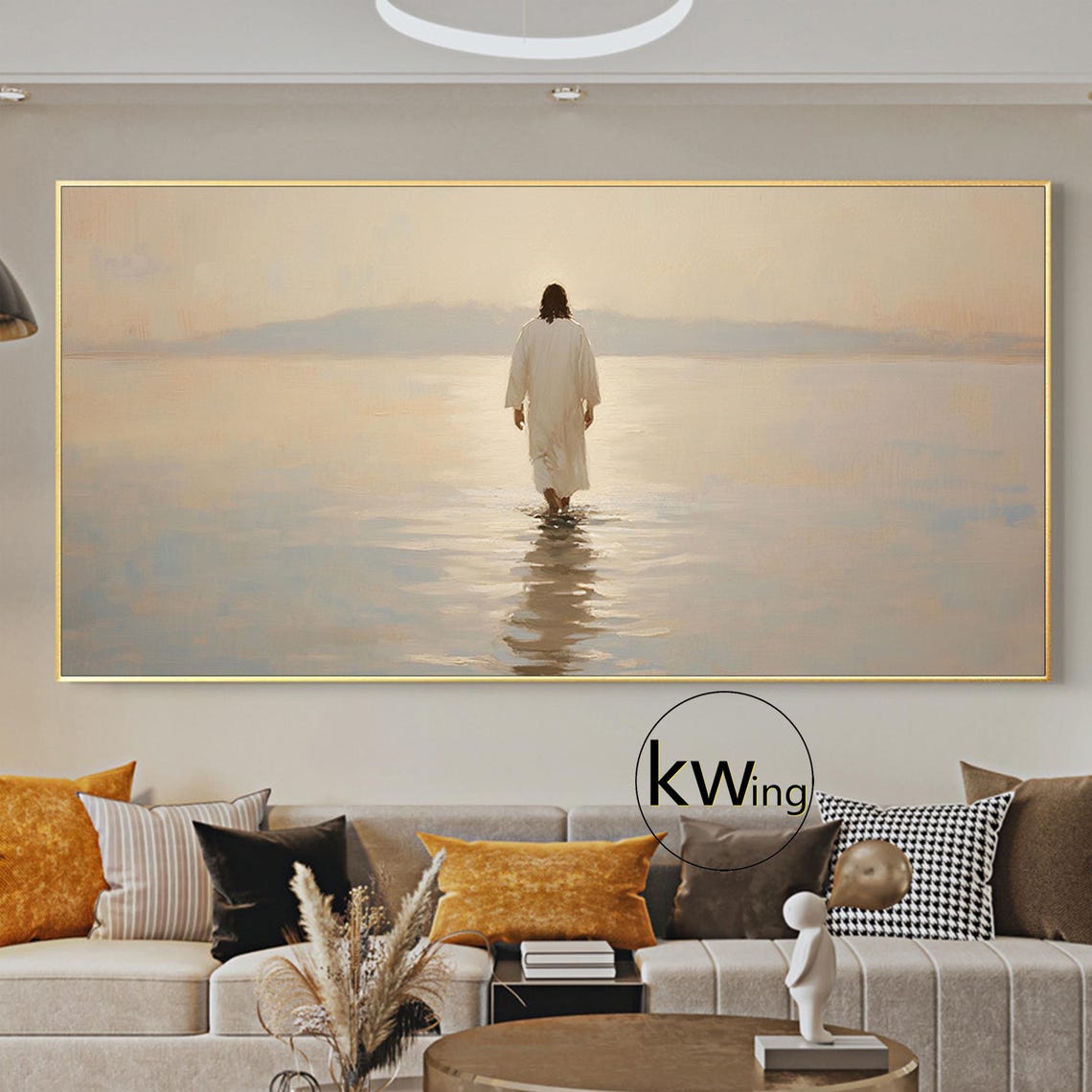 Jesus Walking on Water Toward Golden Horizon Serene Christian Poster - Image 2