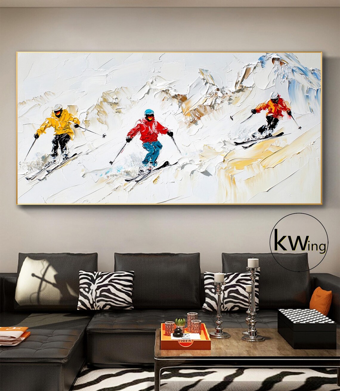 Three Skiers Downhill Snowy Mountain Palette Knife Oil Painting Poster - Image 5