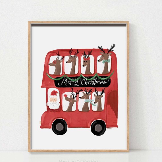 Reindeer Riding a Red Double Decker Bus Merry Christmas Poster
