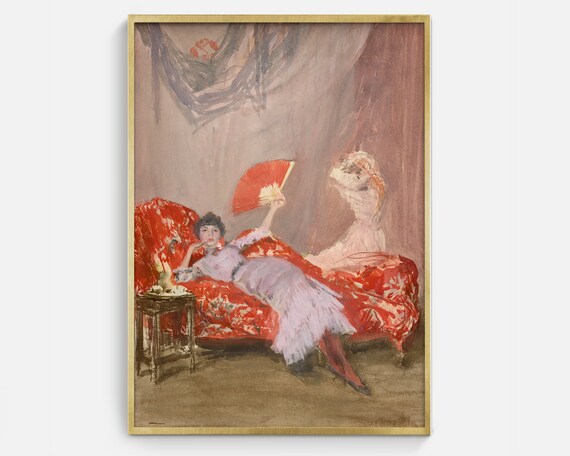 Vintage Woman With Red Fan Reclining Portrait Antique Oil Painting Poster