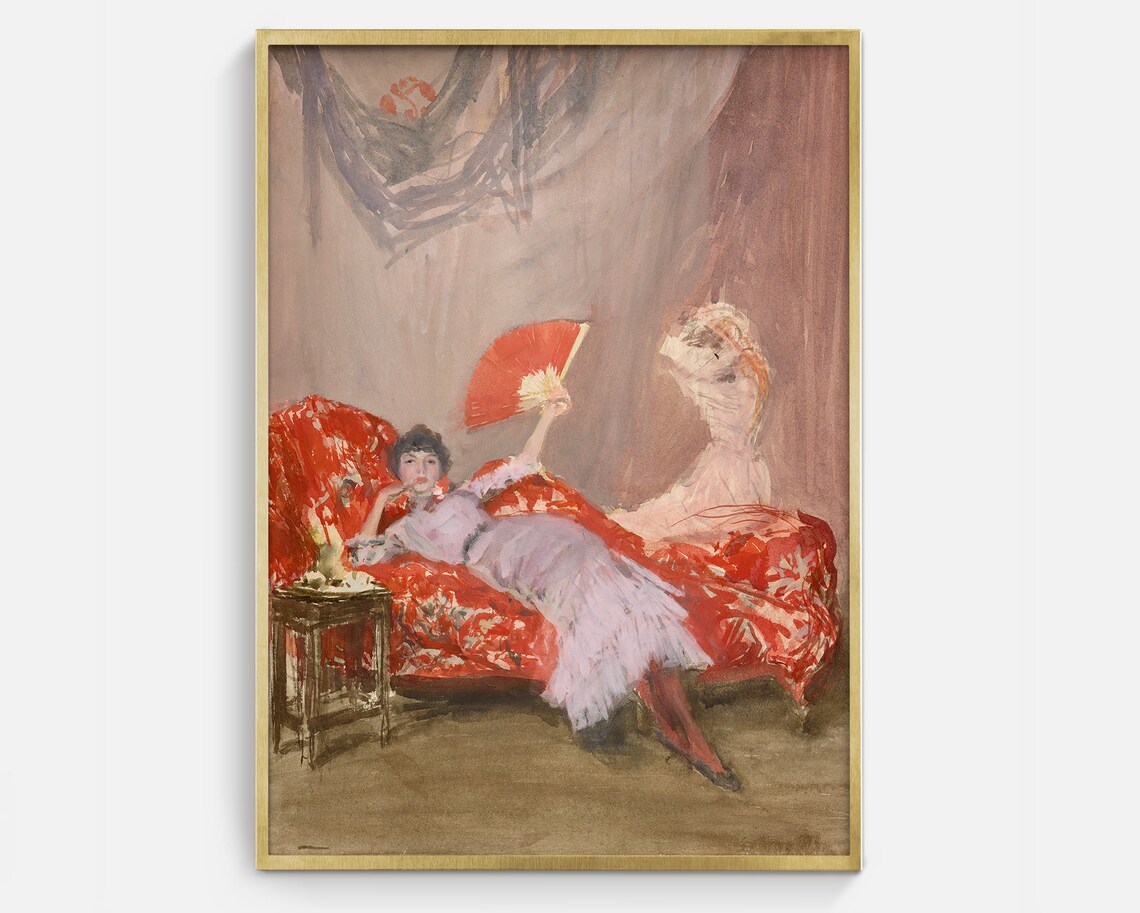 Vintage Woman With Red Fan Reclining Portrait Antique Oil Painting Poster
