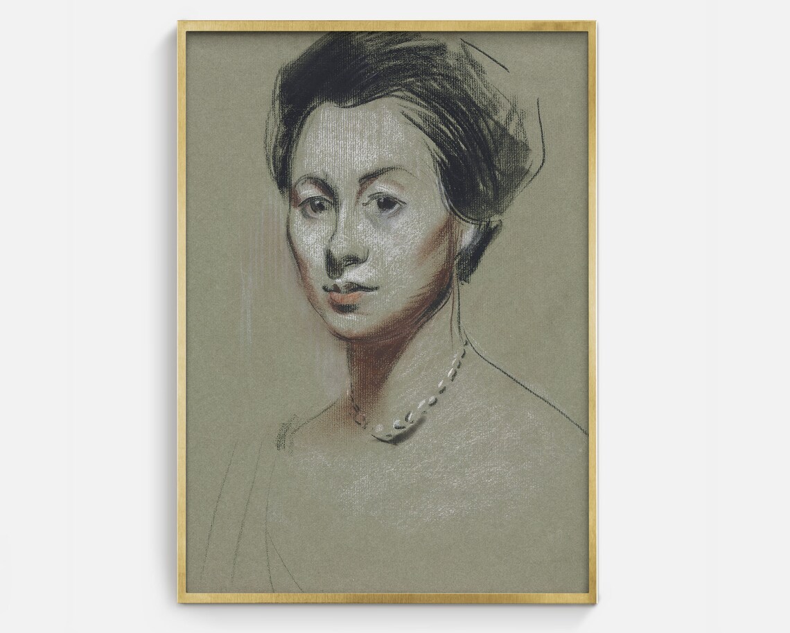 Woman With Pearl Necklace Charcoal Sketch Vintage Portrait Poster