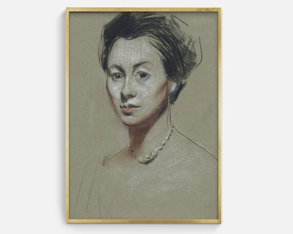Woman With Pearl Necklace Charcoal Sketch Vintage Portrait Poster