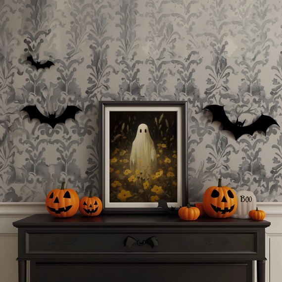 Ghost In Yellow Wildflower Field Dark Moody Halloween Poster