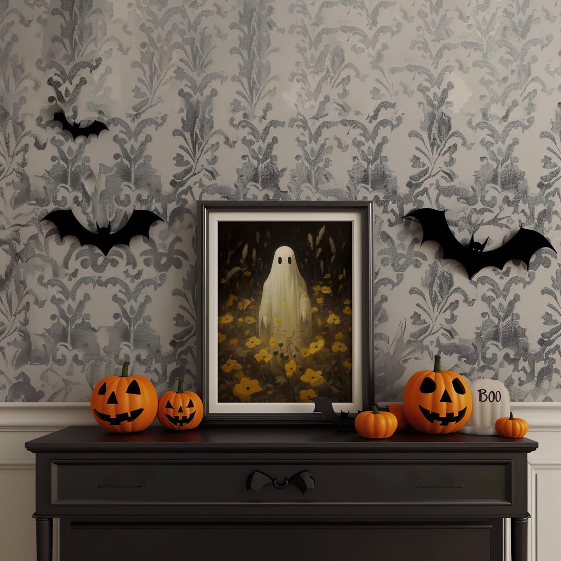 Ghost In Yellow Wildflower Field Dark Moody Halloween Poster
