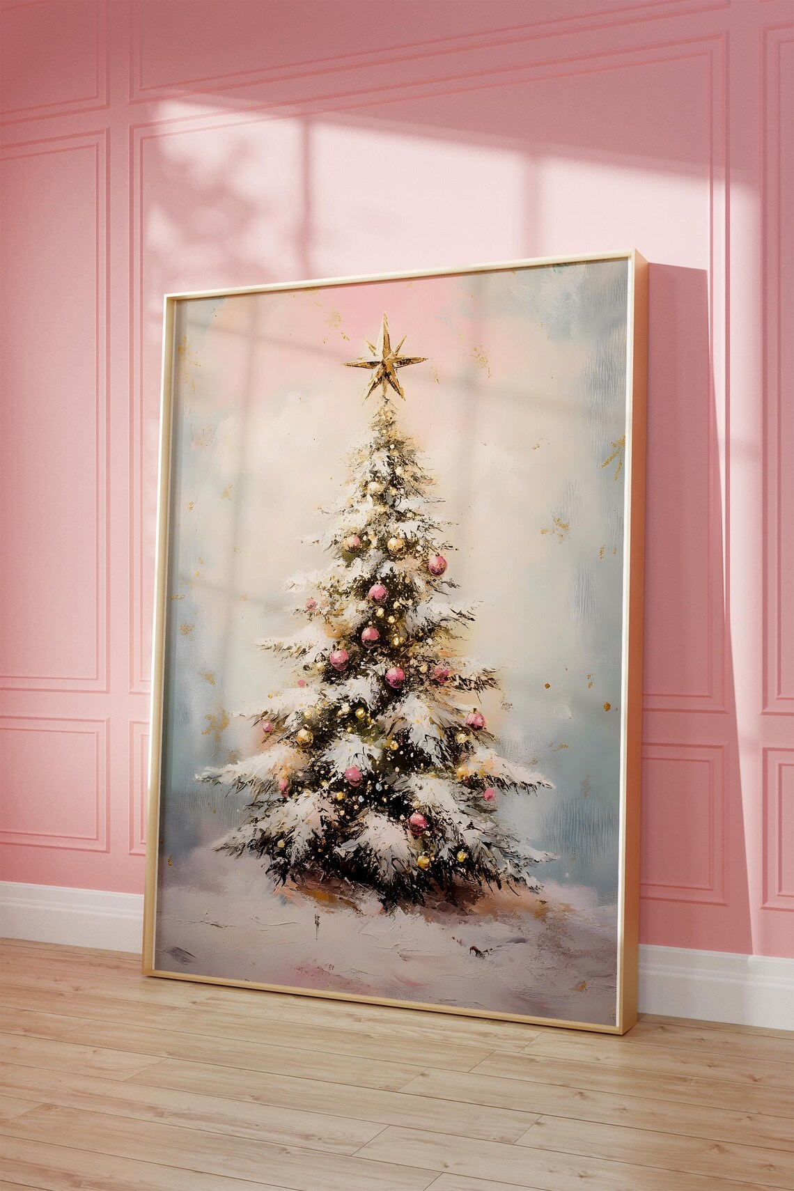 Pink Gold Snowy Christmas Tree Star Watercolor Painting Poster - Image 3