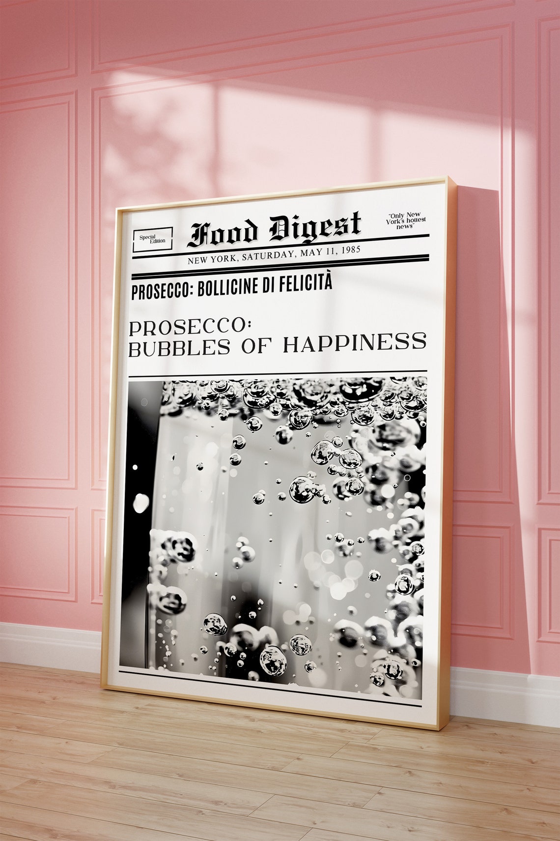 Prosecco Food Digest Newspaper Bubbles of Happiness Bar Art Poster - Image 2