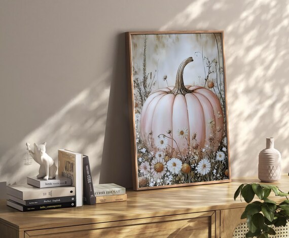 Blush Pink Pumpkin With White Daisies Soft Fall Floral Poster