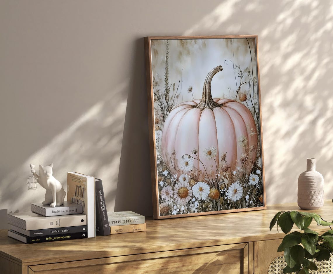 Blush Pink Pumpkin With White Daisies Soft Fall Floral Poster
