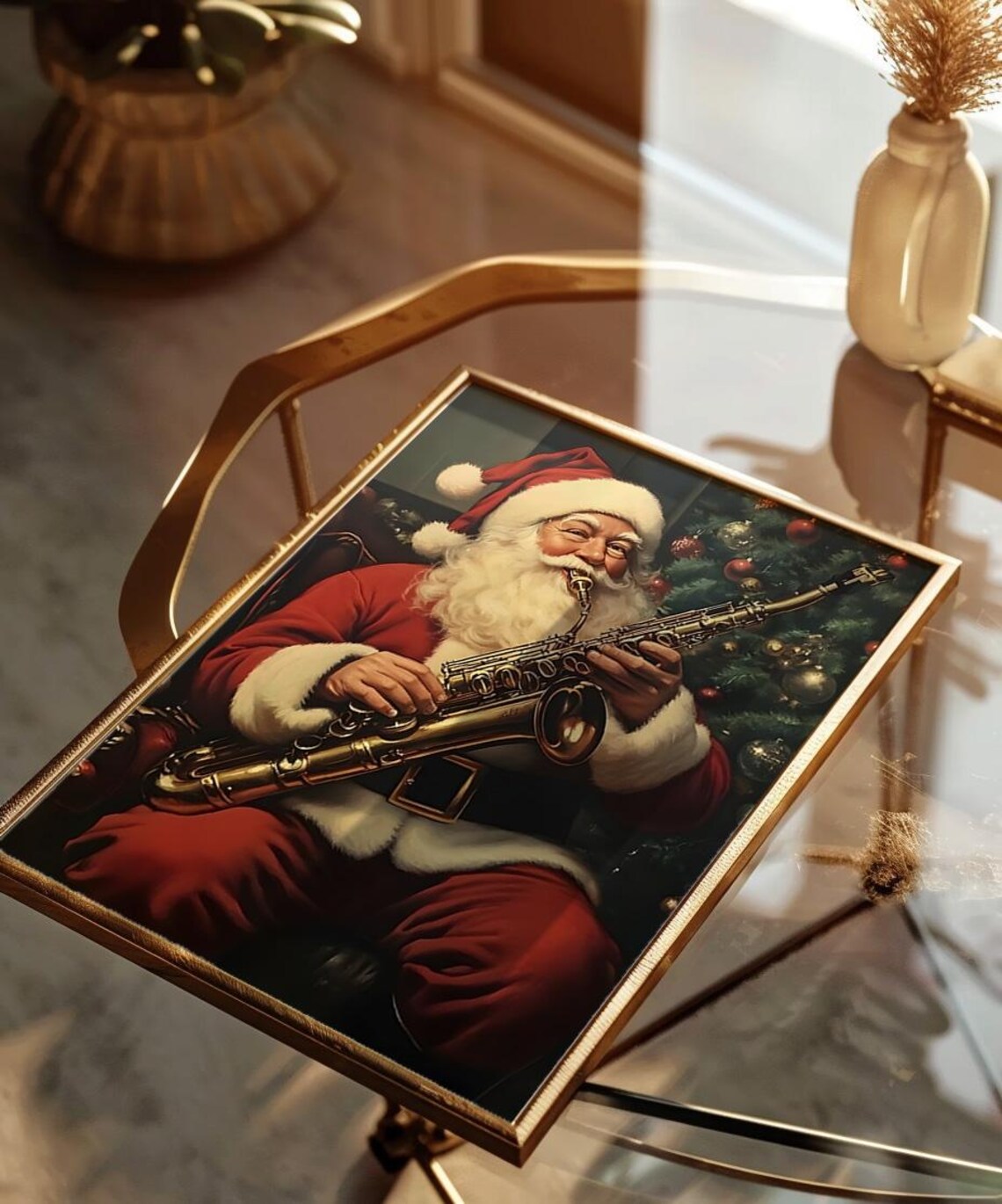 Santa Playing Saxophone By Christmas Tree Cozy Holiday Art Poster - Image 2