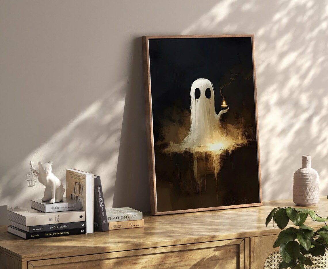 Ghost Holding Candle In Darkness Moody Vintage Halloween Poster - Image 4
