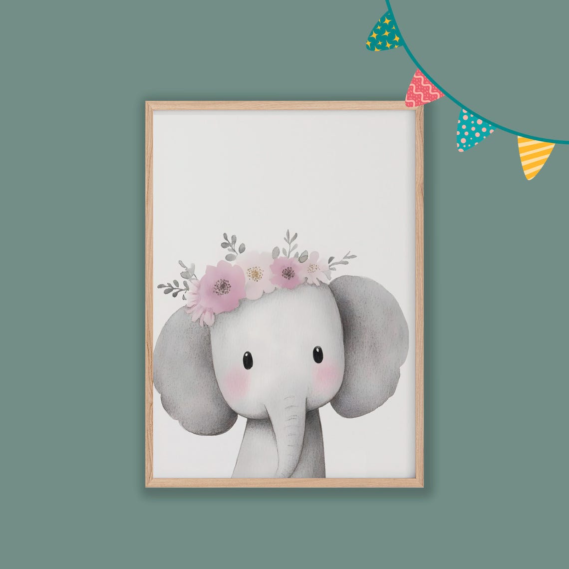 Cute Baby Elephant Pink Flower Crown Nursery Art Decor Poster