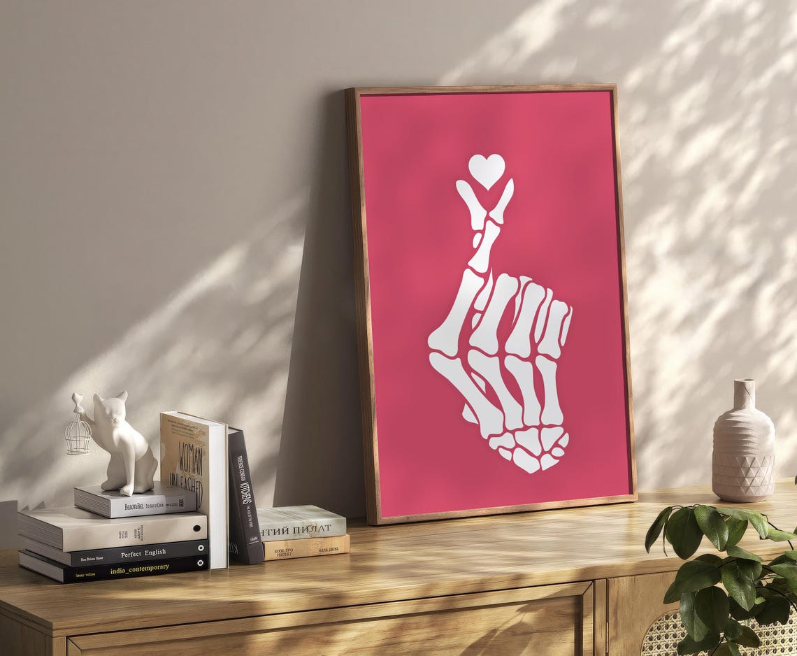 Skeleton Finger Heart Hand Gesture Bold Pink Halloween Wall Art