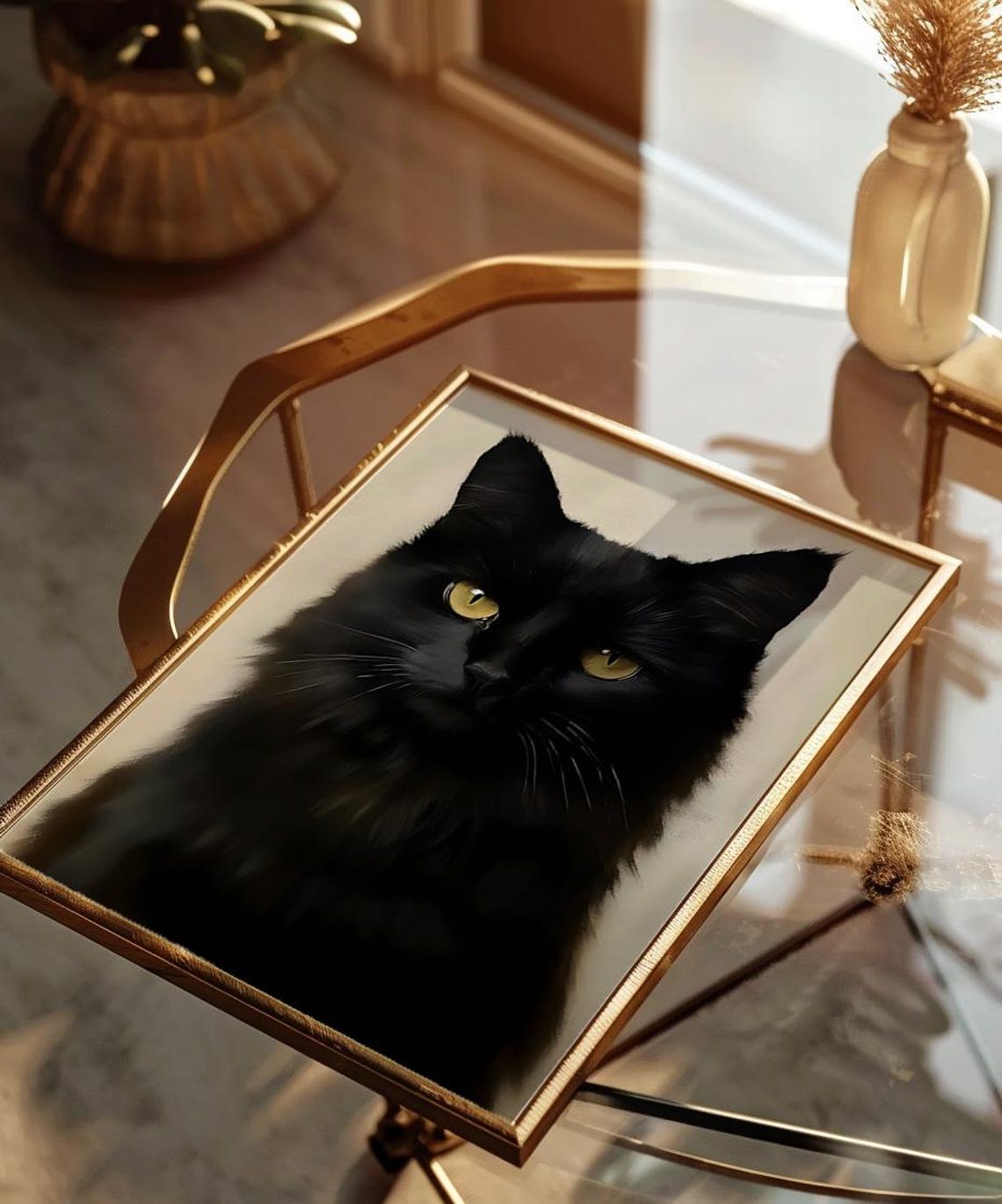 Black Cat With Golden Eyes Painterly Feline Portrait Wall Art - Image 3