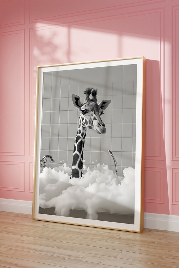 Cute Giraffe In Tub Wall Art Vintage Bar Cart Retro Wall Art Newspaper Headline Poster College Apartment Decor Bathroom Art Print