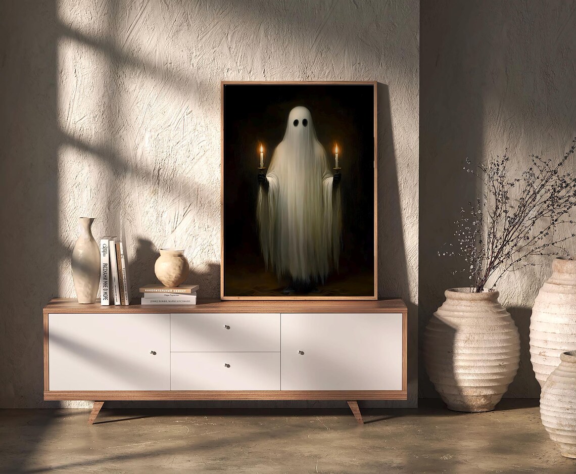 Ghost Holding Candles Dark Spooky Vintage Halloween Art Poster - Image 2