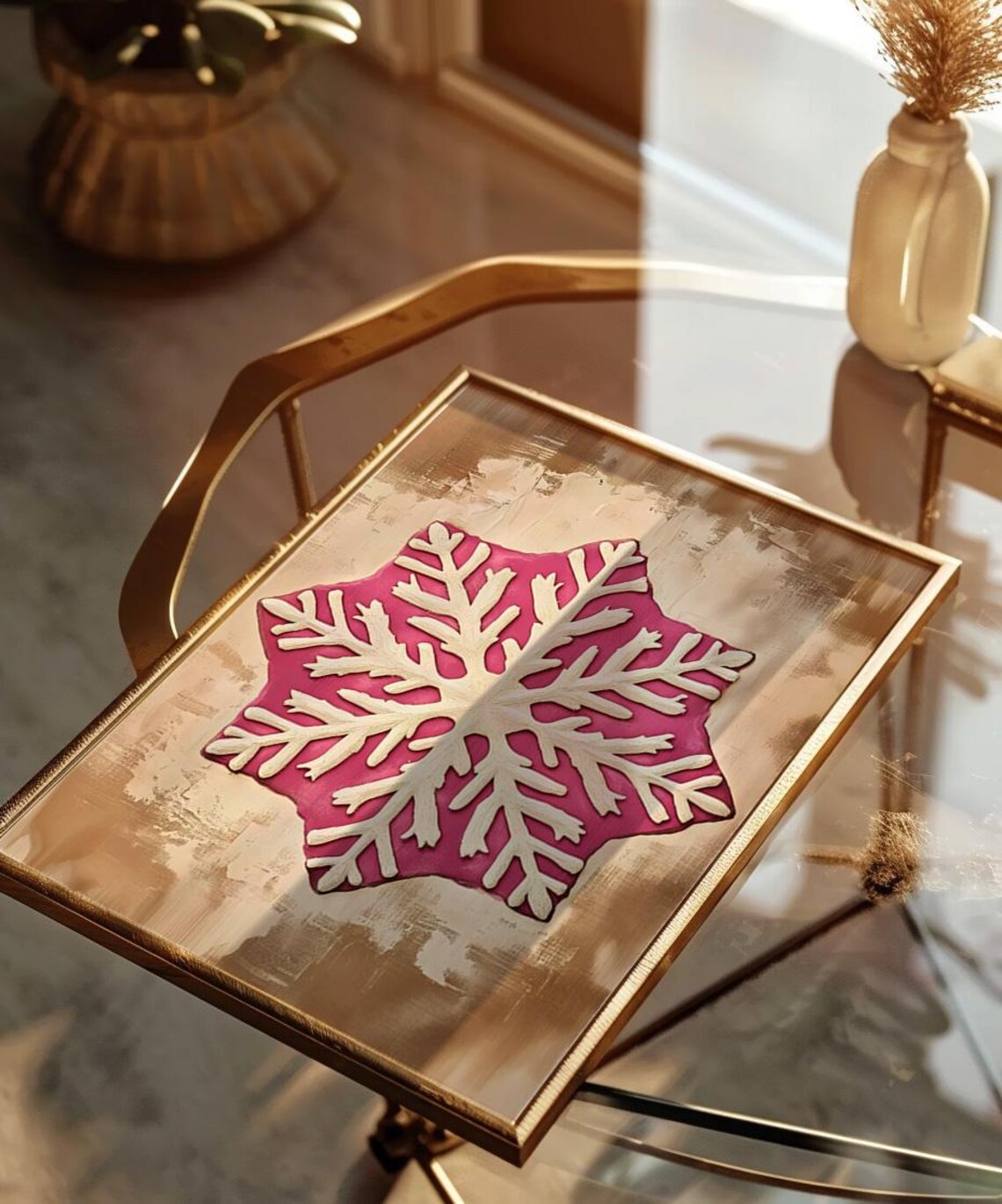 Pink And Cream Snowflake On Textured Beige Holiday Art Poster - Image 2