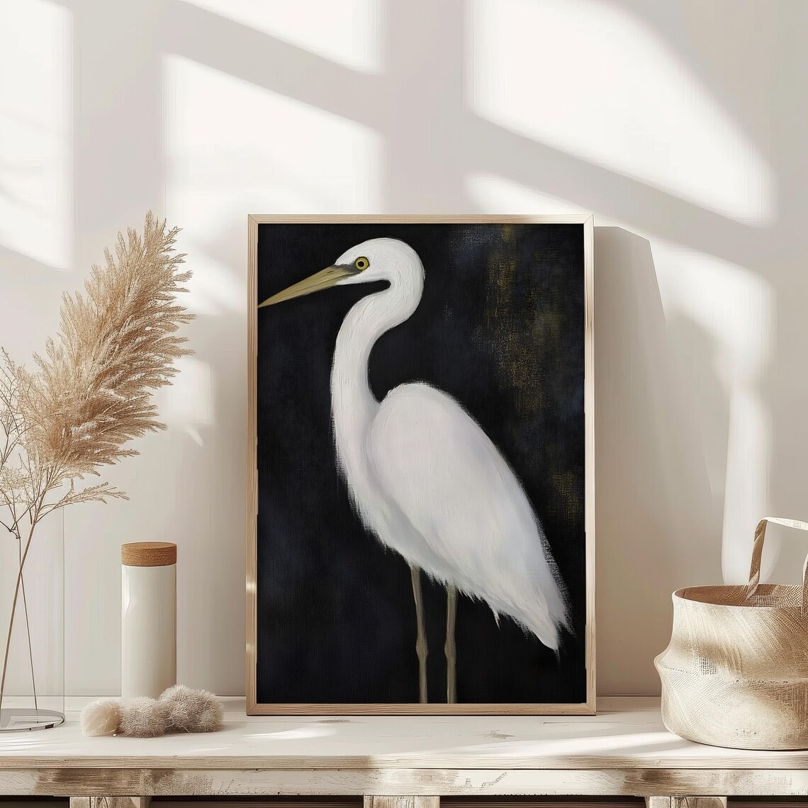White Egret Heron on Black Background Oil Painting Bird Poster - Image 3